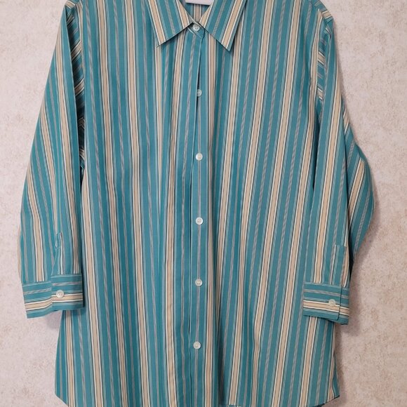 Turquoise Blue, Dark Teal Stripe Blouse  Size 14 Liz Claiborne - Picture 1 of 13